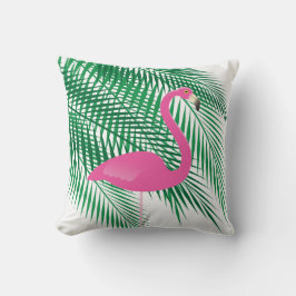 Tropisches Flamingo & Palm Blätter auf Weiß Kissen