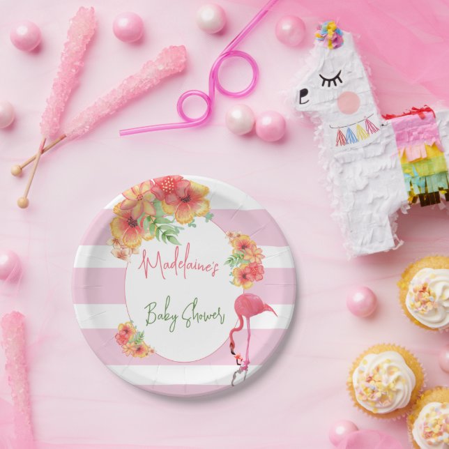 Tropisches Flamingo Pink Stripe Baby Dusche Pappteller (Party)
