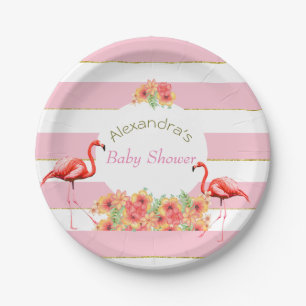 Tropisches Flamingo Pink Stripe Baby Dusche Pappteller