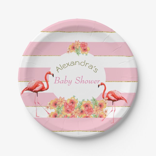 Tropisches Flamingo Pink Stripe Baby Dusche Pappteller (Vorderseite)