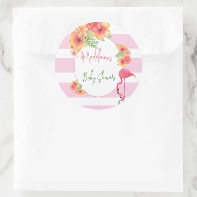 Tropisches Flamingo Pink Stripe Baby Dusche Runder Aufkleber (Tasche)