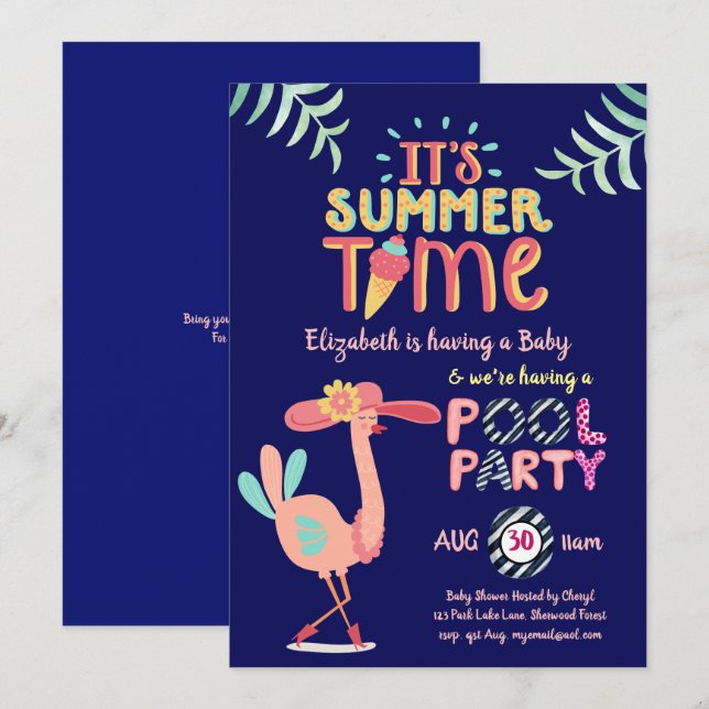 Tropisches Flamingo POOL Party Rosa Blau Quirky Sp Einladung (Vorne/Hinten)