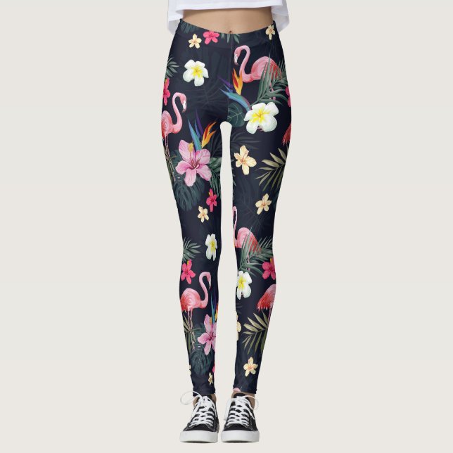 Tropisches Flamingo Print, exotische botanische Bl Leggings (Vorderseite)