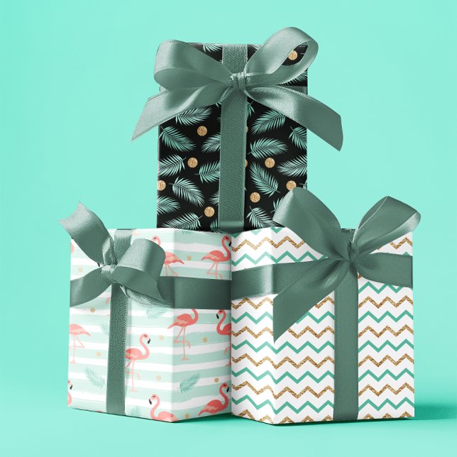 Tropisches Flamingo-Set von 3 Geschenkpapier Set (Summer tropical Flamingo blue gold set of 3 Wrapping Paper Sheet)