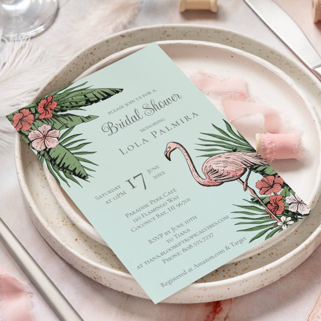 Tropisches Flamingo türkisfarbenes Brautparty Einladung (Elegant Tropical Bridal Shower Design. Hand-Drawn Pink Flamingo, Hibiscus Flowers, Tropical Greenery)