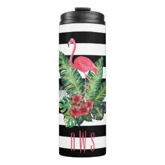 Tropisches Flamingo und Blume Streifen Thermosbecher