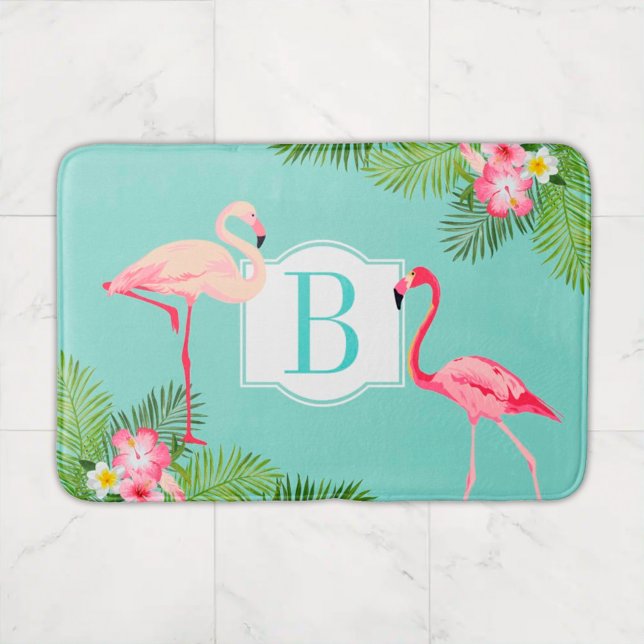 Tropisches Flamingo und Hibiskus Blume Monogram Badematte (Von Creator hochgeladen)