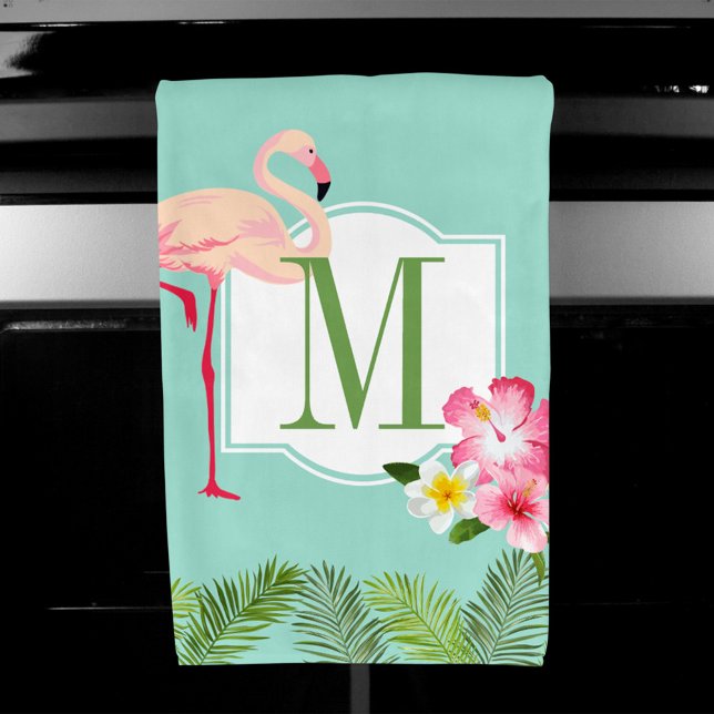 Tropisches Flamingo und Hibiskus Blume Monogram Handtuch (Von Creator hochgeladen)