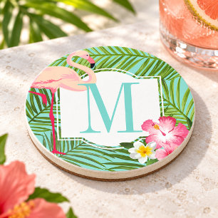Tropisches Flamingo- und Hibiskusblumen-Monogramm Getränkeuntersetzer