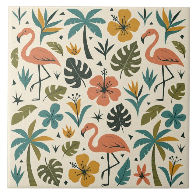 Tropisches Flamingo- und Palmenbaum-Muster Fliese (Vorderseite)