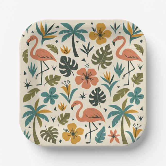 Tropisches Flamingo- und Palmenbaum-Muster Pappteller (Vorderseite)
