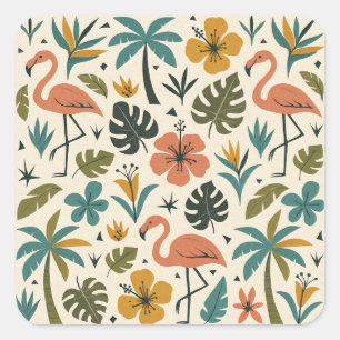 Tropisches Flamingo- und Palmenbaum-Muster Quadratischer Aufkleber