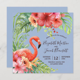Tropisches Flamingos & Hibiskus Hochzeit Einladung