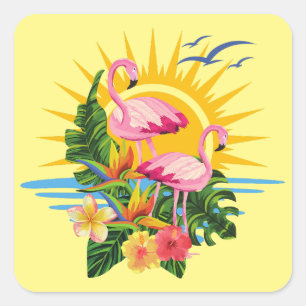 Tropisches Flamingos Sonnenschein und Blume Quadratischer Aufkleber