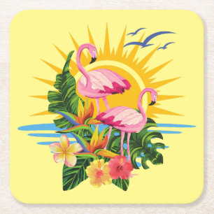 Tropisches Flamingos Sonnenschein und Blume Rechteckiger Pappuntersetzer