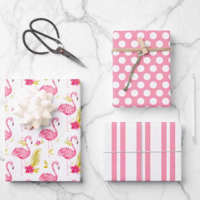 Tropisches Flamingos Wrapping Paper Set 3 Geschenkpapier Set (Vorderseite)