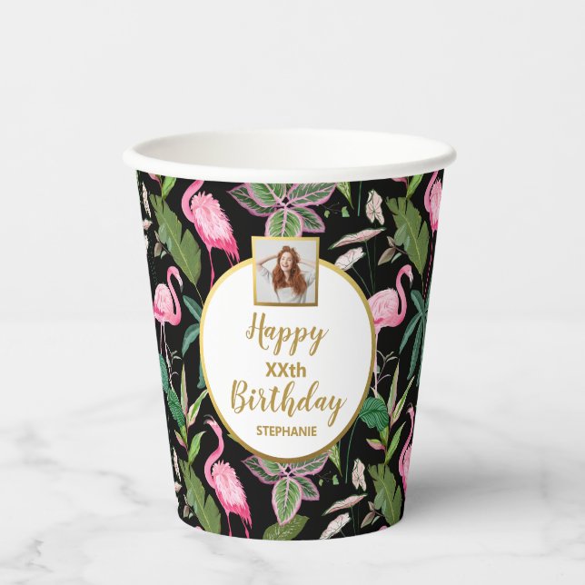 Tropisches Floral Luau, Flamingos, Foto zum Geburt Pappbecher (Vorderseite)