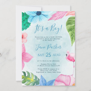 Tropisches florales Wasserfarben Blau Jungen Baby Einladung