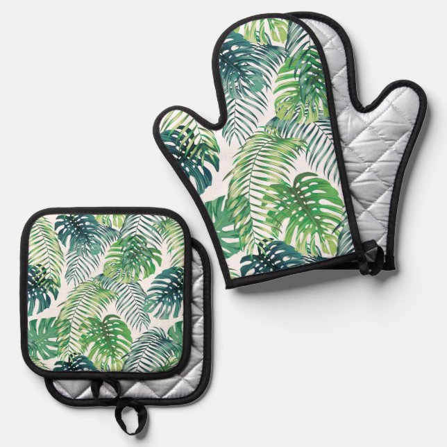Tropisches Foliage-Design Oven Mitt & Pot Holset Ofenhandschuh & Topflappen-Set (Vorderseite/Rückseite)