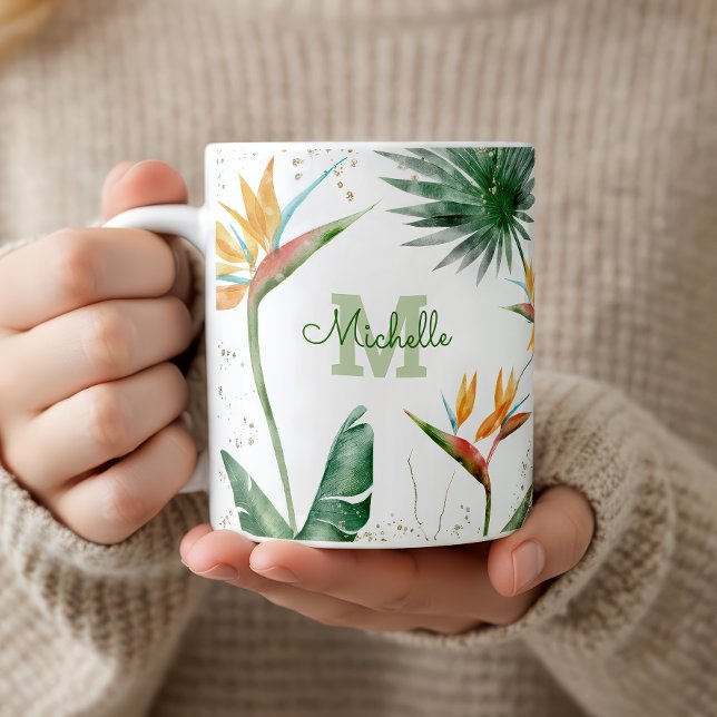 Tropisches Foliage Palm Floral Monogram Script Kaffeetasse (Von Creator hochgeladen)