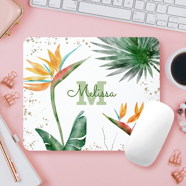 Tropisches Foliage Palm Floral Monogram Script Mousepad (Von Creator hochgeladen)