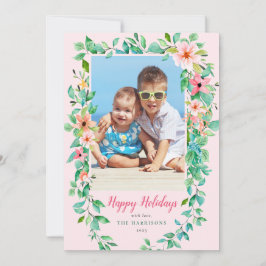 Tropisches Foto mit Blumenrosa und Grün Feiertagskarte