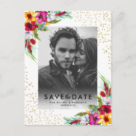 Tropisches Foto mit floralem Gold-Hochzeitstag spe Einladungspostkarte