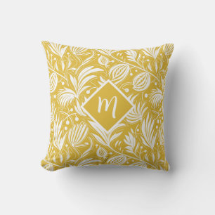 Tropisches gelbes Blumenmuster Diamant-Monogramm Kissen