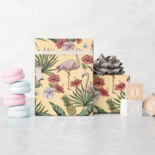 Tropisches gelbes Flamingo-Blumenmuster Geschenkpapier