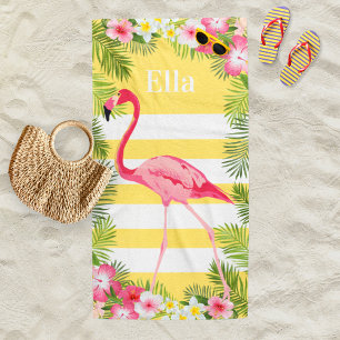 Tropisches gelbes Flamingo-Streifen-Monogramm Strandtuch