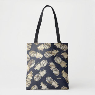 Tropisches Gold Foil Ananas Muster Blaues Monogram