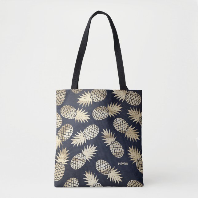 Tropisches Gold Foil Ananas Muster Blaues Monogram (Vorderseite)