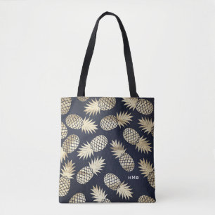 Tropisches Gold Foil Ananas Muster Blaues Monogram