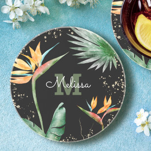 Tropisches Gold Schwarzes Florales Blattmonogramm  Getränkeuntersetzer
