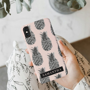 Tropisches Grau-Pink-Ananas-Muster mit Namen Case-Mate iPhone Hülle