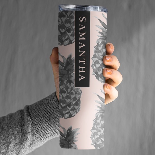 Tropisches Grau-Pink-Ananas-Muster mit Namen Thermosbecher (Von Creator hochgeladen)