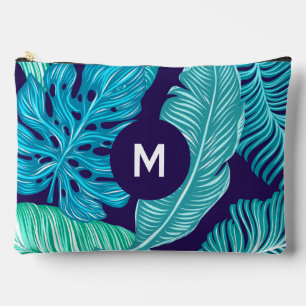 Tropisches Grün-Blau-Blattmuster-Monogramm Zubehörtasche
