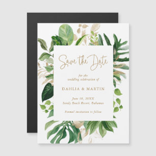 Tropisches Grün Gold Modernes Save the Date Magneteinladung