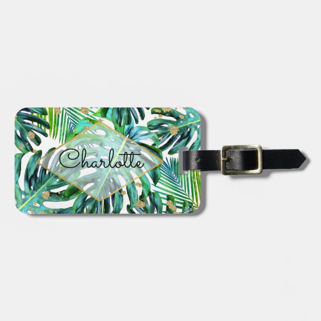 Tropisches Grün-GoldGlitzer-Palmblatt-Muster Gepäckanhänger (Vorderseite horizontal)