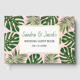 Tropisches Grün und goldene Blätter Rosa Hochzeit Gästebuch
