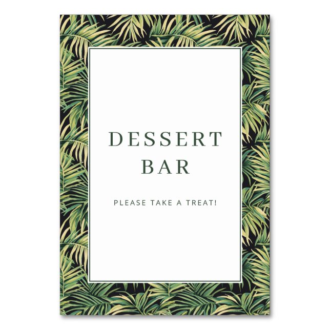Tropisches grünes Blattdessert-Bar-Schild Tischnummer (Vorderseite)