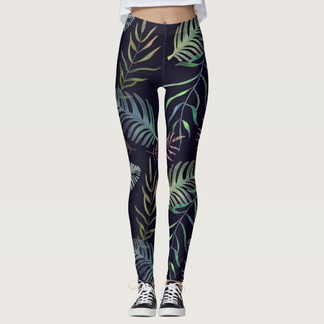 Tropisches grünes Blattpalmenblatt Blaublau Leggings (Vorderseite)