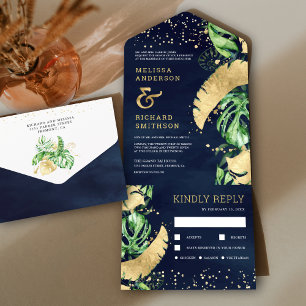 Tropisches Grünes Gold Monstera Palm Navy Hochzeit All In One Einladung