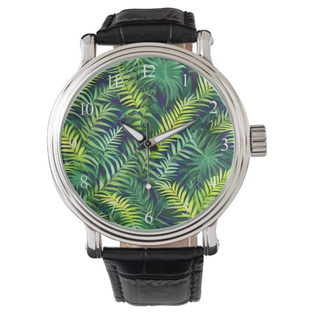 Tropisches grünes Leaf-Fern-Muster Armbanduhr (Vorderseite)
