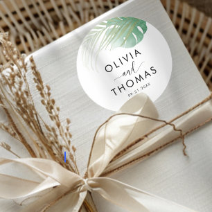 Tropisches grünes Palmblatt-Hochzeitsgeschenk Runder Aufkleber