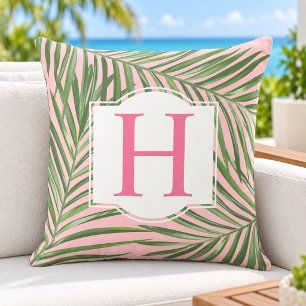 Tropisches grünes Palmblatt rosa Monogramm Anfangs Kissen