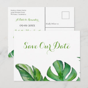 Tropisches grünes Wasser Monstera Save the Date Postkarte