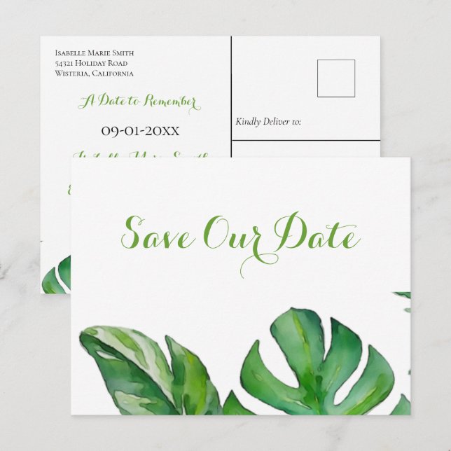 Tropisches grünes Wasser Monstera Save the Date Postkarte (Vorne/Hinten)