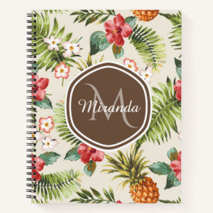 Tropisches Hibiskus-Ananas-Monogramm Notizbuch