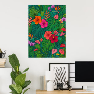 Tropisches Hibiskus Botanischer Dschungel Blätter Poster